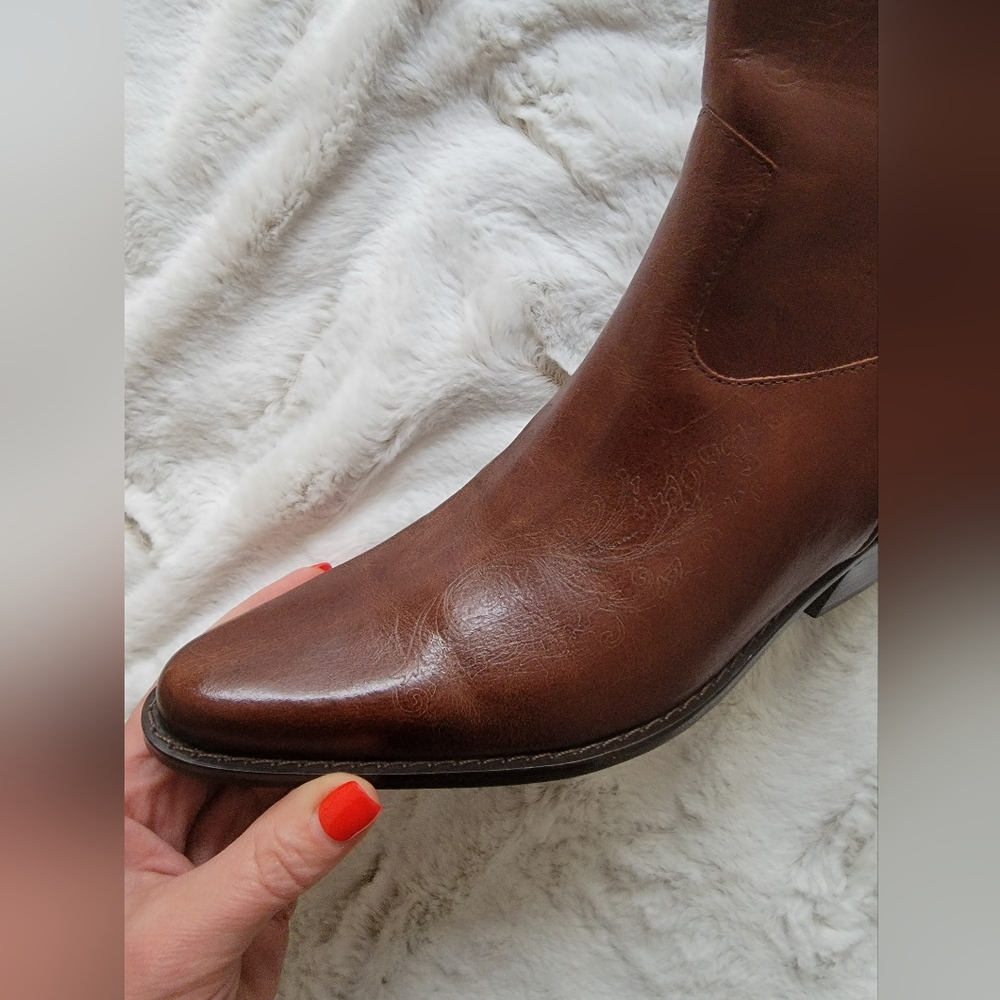 NEW Matisse Western Embossed Zip Up Brown Leather Cowboy Boots - Picture 14 of 16